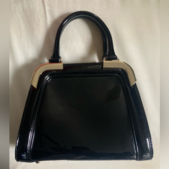 Vintage Black Patent Leather Satchel Bag with Gold Details - Picture 15 of 15